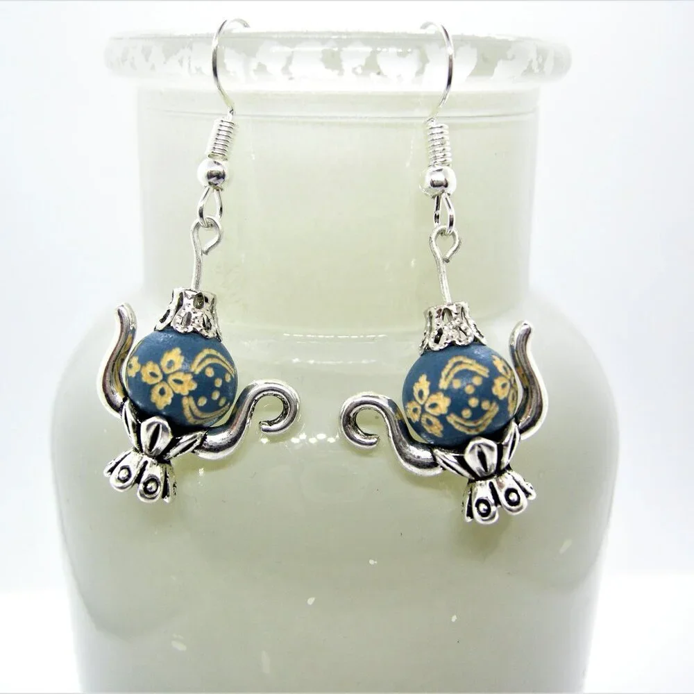 Handcrafted Teapot Earrings Dark Blue with Sterling Silver Hooks - Picture 1 of 7